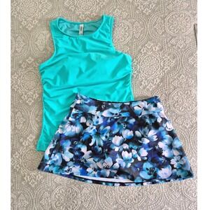 Daci Teal Ruched Tankini Top and Blue Floral Swim Skirt Set Small